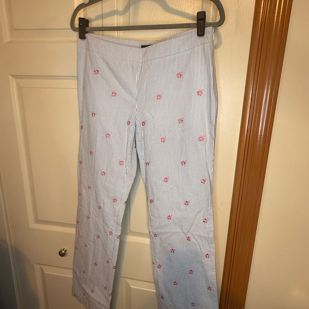 Brooks Brothers Blue Striped Pants with Pink Floral Embroidered Design-4